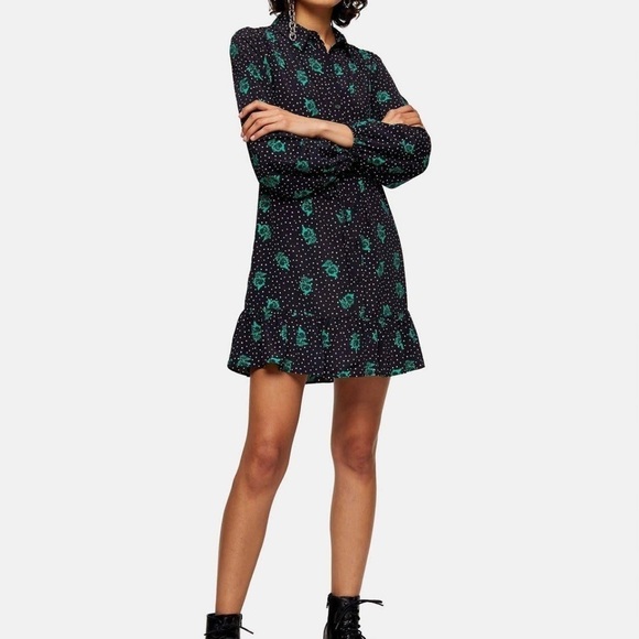Topshop Tie Waist Rose And Dot Print Long Sleeve Dress - Picture 1 of 11